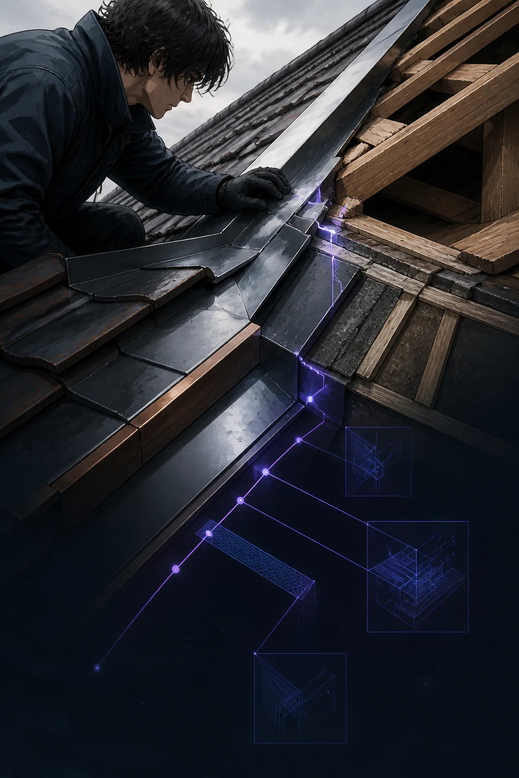 Fiktive Reparatur eines gebrochenen Dachziegels